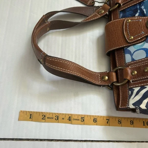 Coach Blue Patchwork and Tan Leather Tote Shoulder Handbag - Picture 12 of 15